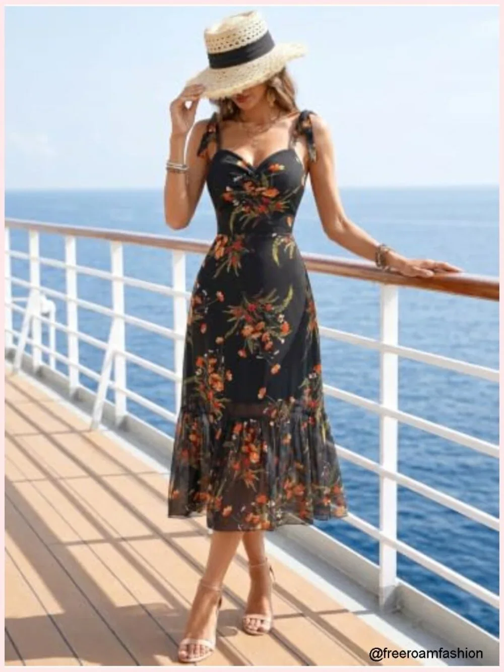 Floral Mesh Midi Dress Sweetheart Neck Tie Straps Ruffle